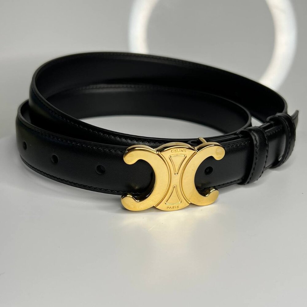 Authentic CELINE Women's Black Calfskin Leather Belt Gold Buckle 80cm